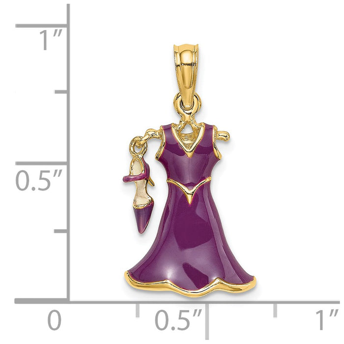 Million Charms 14K Yellow Gold Themed 3-D Moveable Enamel Eggplant Dress With Shoe Charm