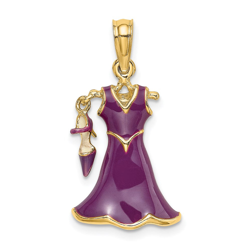 Million Charms 14K Yellow Gold Themed 3-D Moveable Enamel Eggplant Dress With Shoe Charm