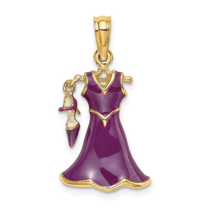 Million Charms 14K Yellow Gold Themed 3-D Moveable Enamel Eggplant Dress With Shoe Charm