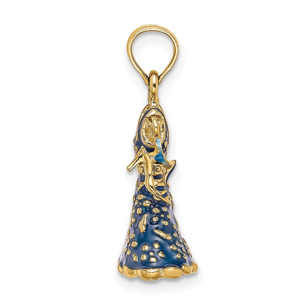 Million Charms 14K Yellow Gold Themed 3-D Moveable Enamel Blue Floral Dress With Shoe Charm