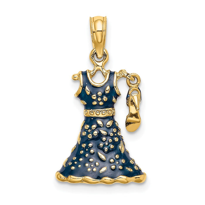 Million Charms 14K Yellow Gold Themed 3-D Moveable Enamel Blue Floral Dress With Shoe Charm