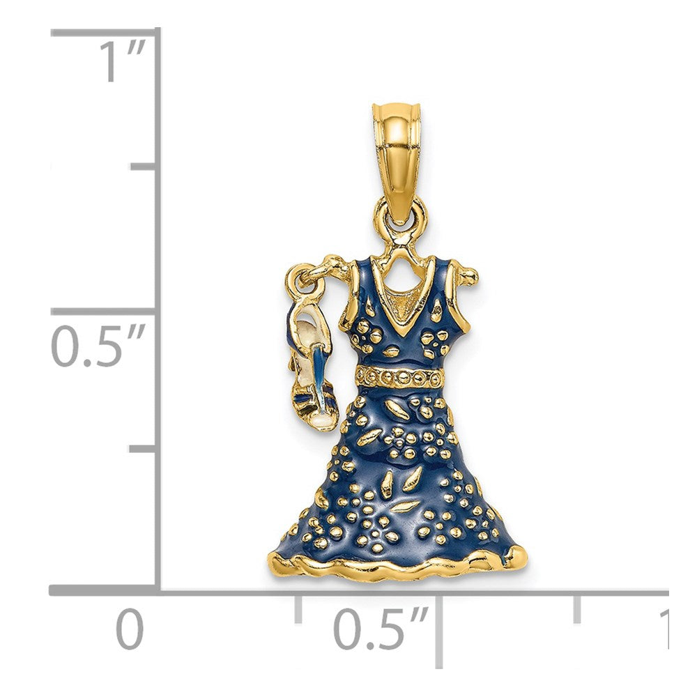 Million Charms 14K Yellow Gold Themed 3-D Moveable Enamel Blue Floral Dress With Shoe Charm