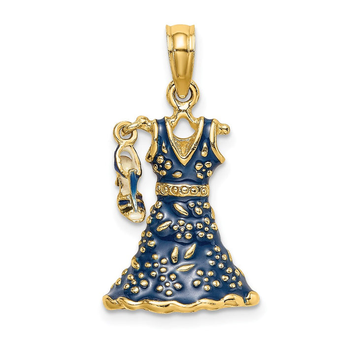 Million Charms 14K Yellow Gold Themed 3-D Moveable Enamel Blue Floral Dress With Shoe Charm