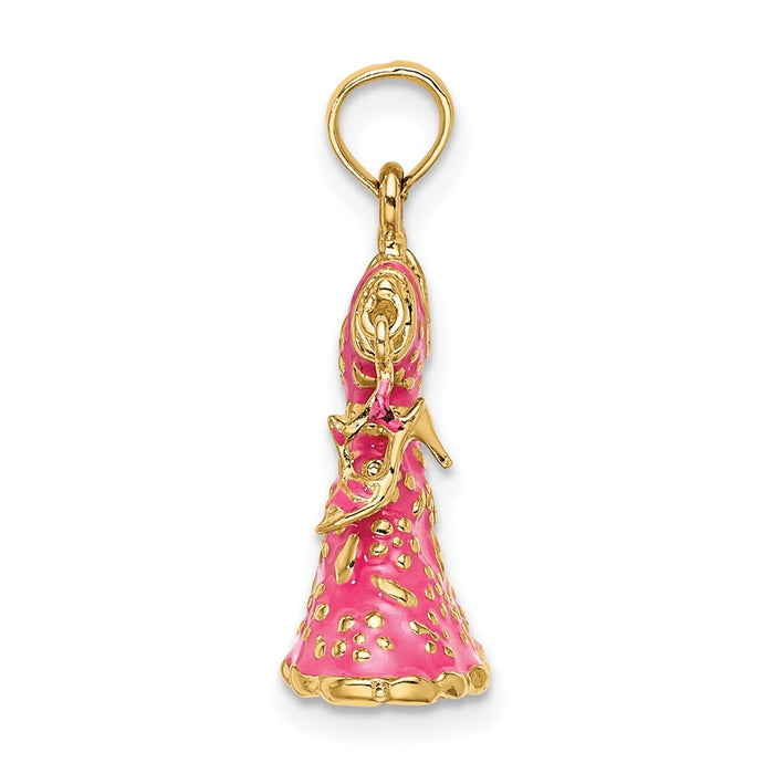 Million Charms 14K Yellow Gold Themed 3-D Moveable Enamel Pink Floral Dress With Shoe Charm