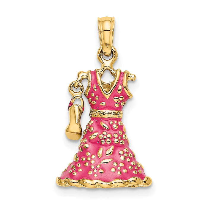 Million Charms 14K Yellow Gold Themed 3-D Moveable Enamel Pink Floral Dress With Shoe Charm
