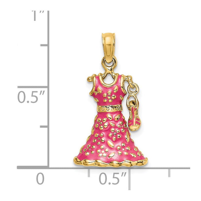 Million Charms 14K Yellow Gold Themed 3-D Moveable Enamel Pink Floral Dress With Shoe Charm