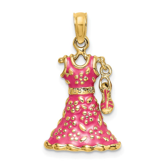 Million Charms 14K Yellow Gold Themed 3-D Moveable Enamel Pink Floral Dress With Shoe Charm
