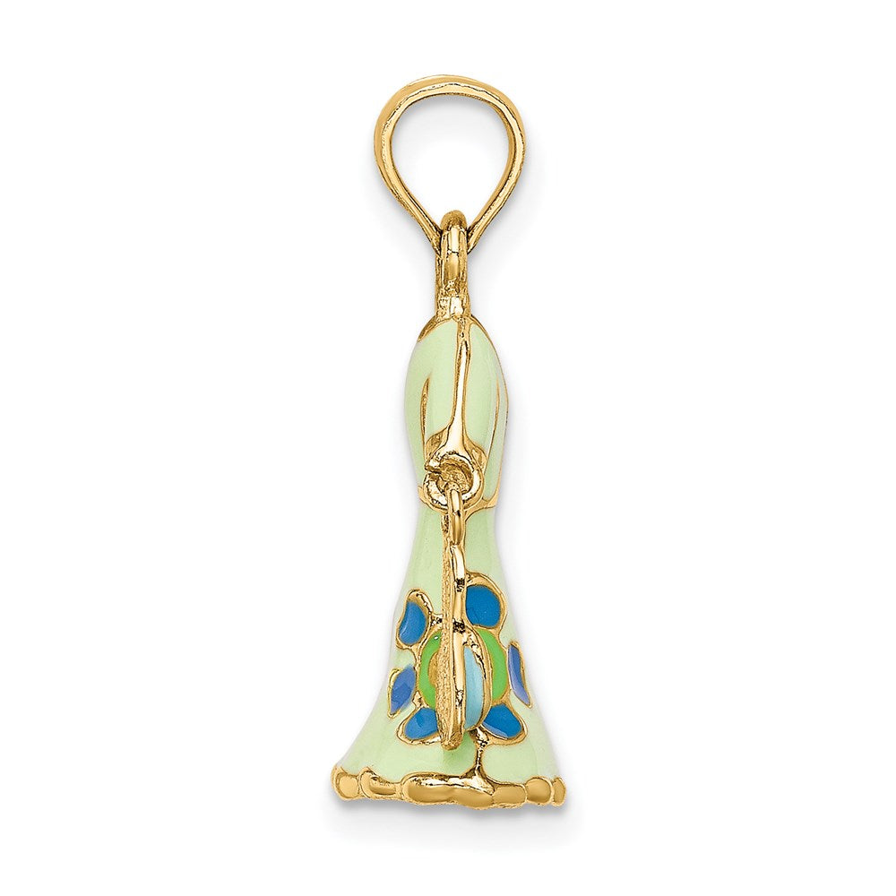 Million Charms 14K Yellow Gold Themed 3-D Moveable Enamel Mint Floral Dress With Flip-Flop Charm