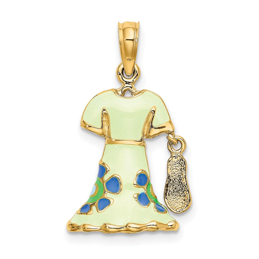 Million Charms 14K Yellow Gold Themed 3-D Moveable Enamel Mint Floral Dress With Flip-Flop Charm