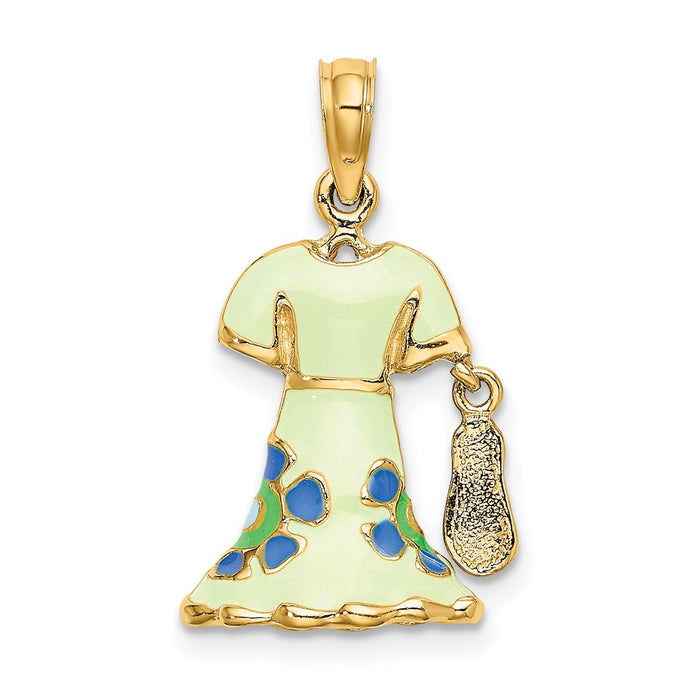 Million Charms 14K Yellow Gold Themed 3-D Moveable Enamel Mint Floral Dress With Flip-Flop Charm