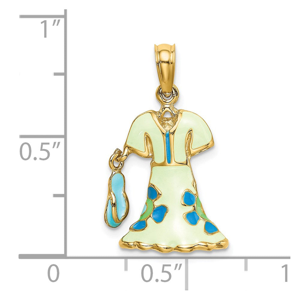 Million Charms 14K Yellow Gold Themed 3-D Moveable Enamel Mint Floral Dress With Flip-Flop Charm