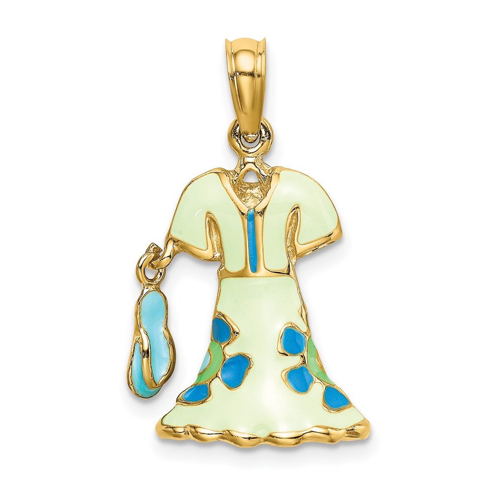 Million Charms 14K Yellow Gold Themed 3-D Moveable Enamel Mint Floral Dress With Flip-Flop Charm