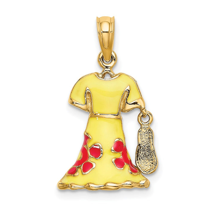 Million Charms 14K Yellow Gold Themed 3-D Moveable Enamel Yellow & Fuschia Dress With Flip-Flop Charm