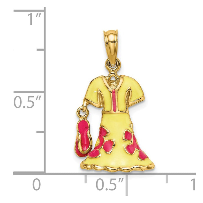 Million Charms 14K Yellow Gold Themed 3-D Moveable Enamel Yellow & Fuschia Dress With Flip-Flop Charm