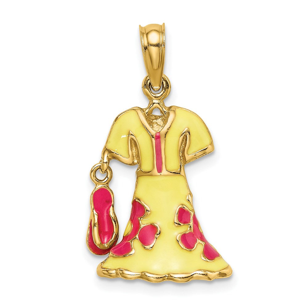 Million Charms 14K Yellow Gold Themed 3-D Moveable Enamel Yellow & Fuschia Dress With Flip-Flop Charm