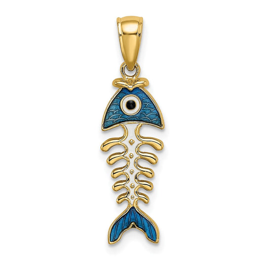 Million Charms 14K Yellow Gold Themed Blue Enamel Fish Bone Charm