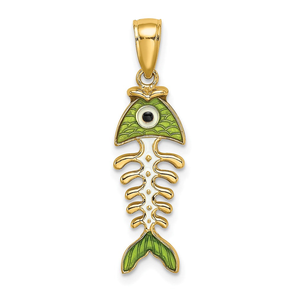 Million Charms 14K Yellow Gold Themed Green Enamel Fish Bone Charm
