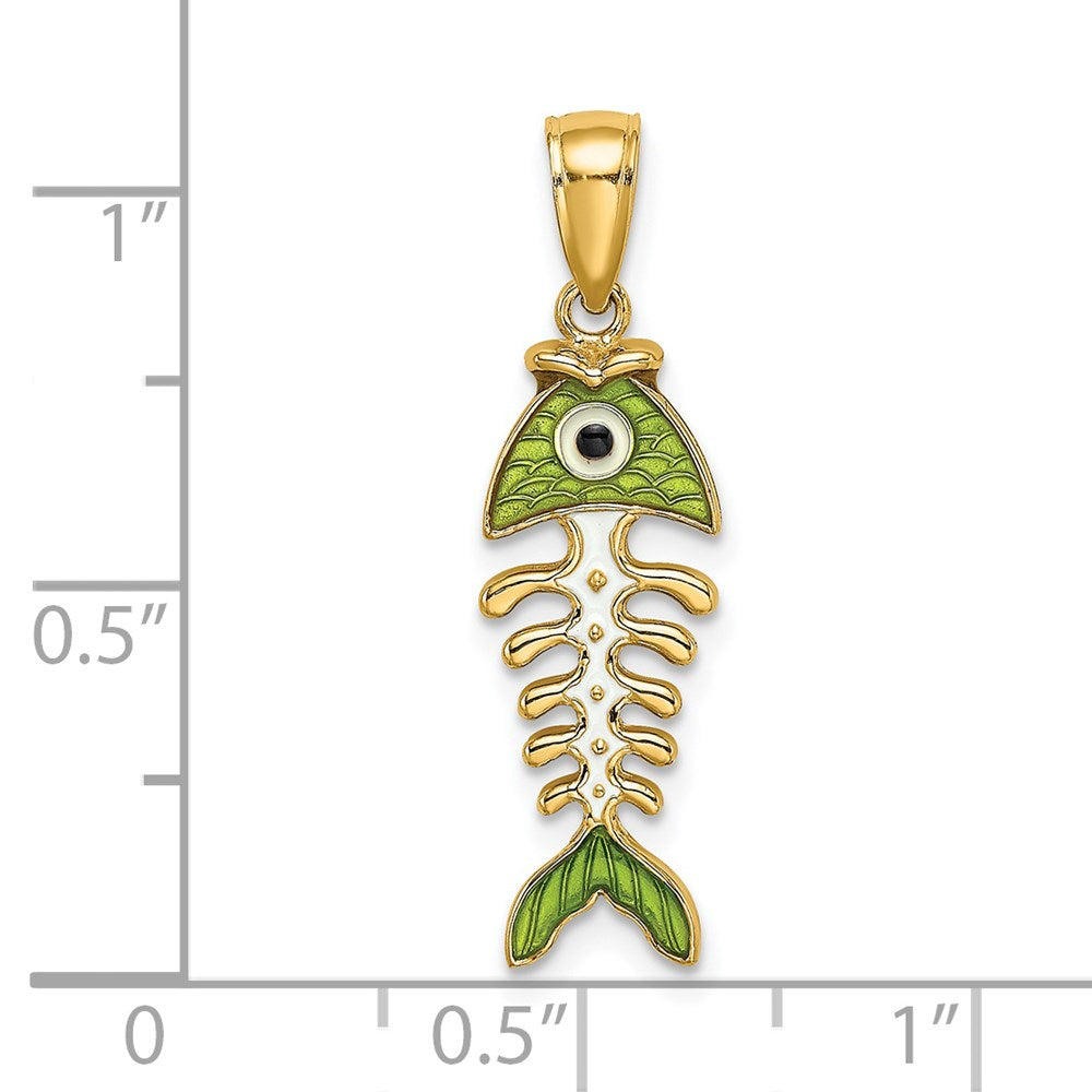 Million Charms 14K Yellow Gold Themed Green Enamel Fish Bone Charm