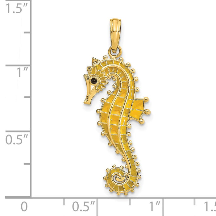 Million Charms 14K Yellow Gold Themed 3-D With Yellow Enamel Nautical Seahorse Charm