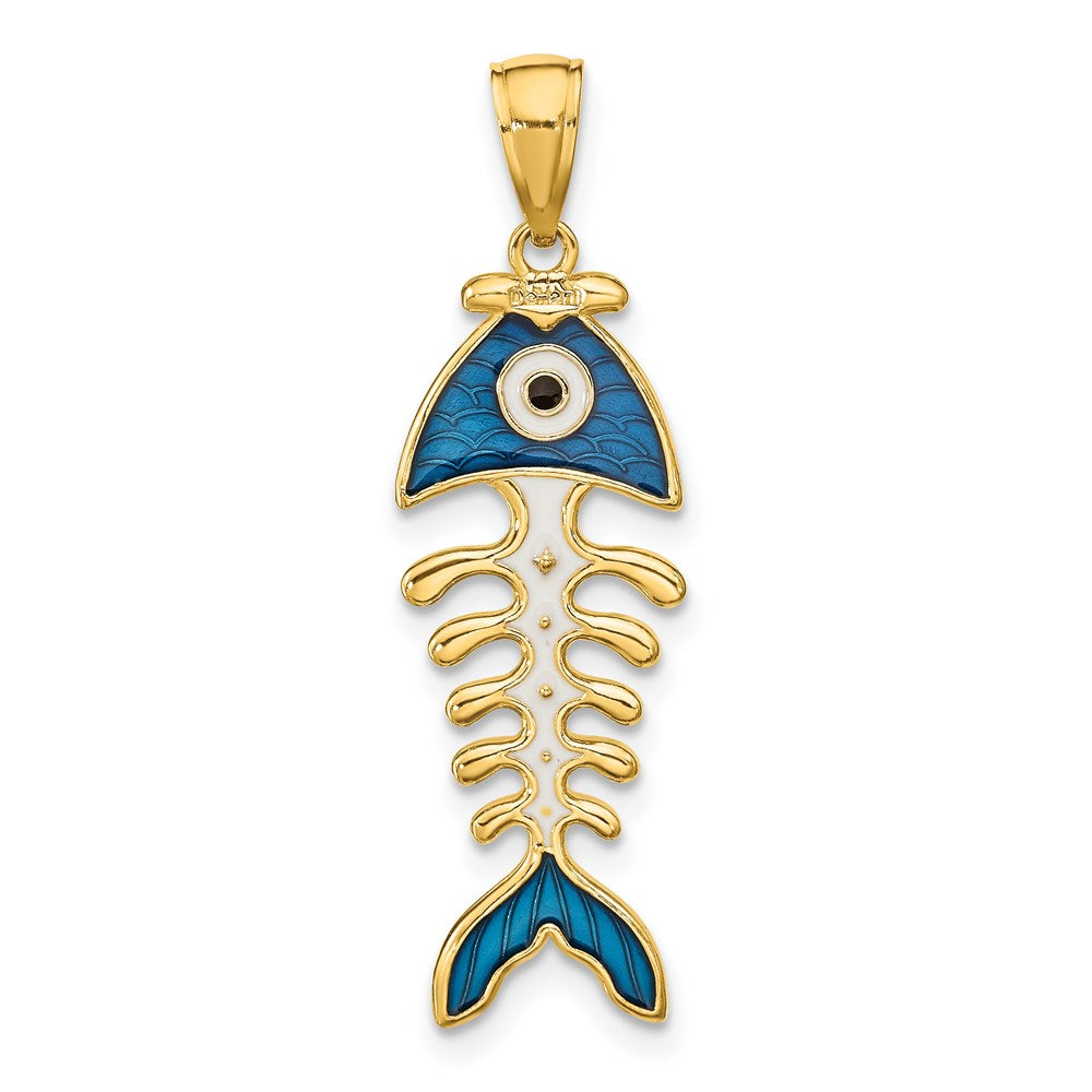 Million Charms 14K Yellow Gold Themed Blue Enamel Fish Bone Pendant
