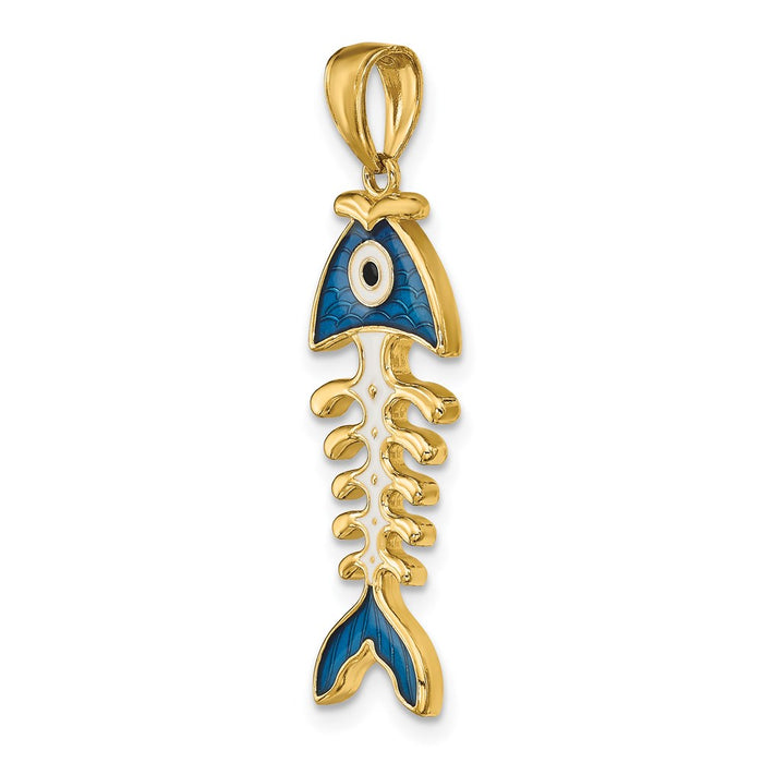 Million Charms 14K Yellow Gold Themed Blue Enamel Fish Bone Pendant