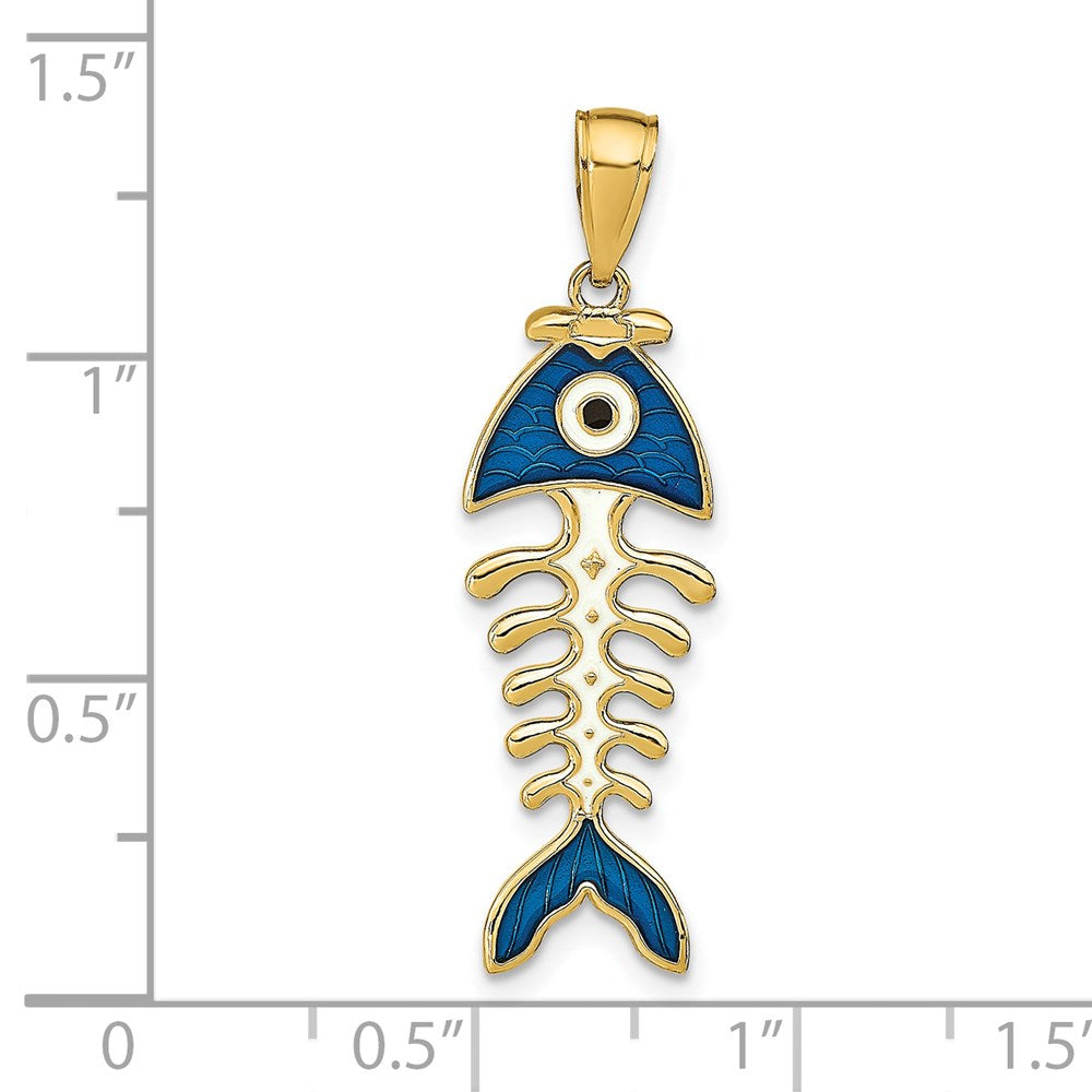 Million Charms 14K Yellow Gold Themed Blue Enamel Fish Bone Pendant
