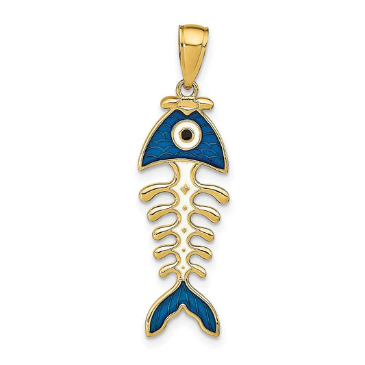 Million Charms 14K Yellow Gold Themed Blue Enamel Fish Bone Pendant