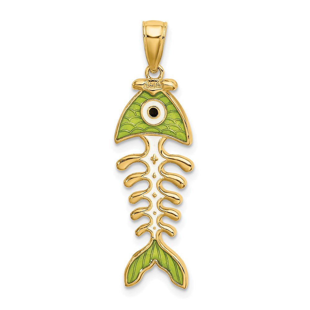 Million Charms 14K Yellow Gold Themed Green Enamel Fish Bone Charm