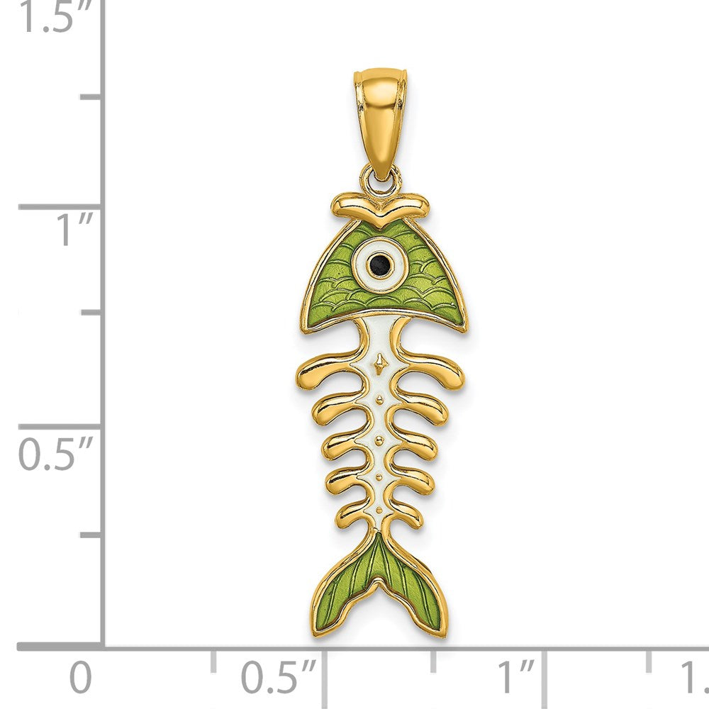 Million Charms 14K Yellow Gold Themed Green Enamel Fish Bone Charm