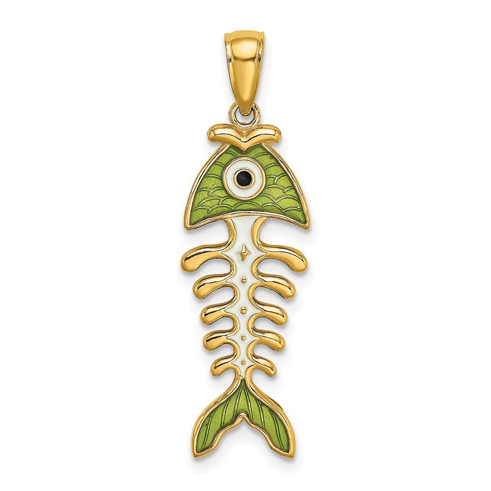 Million Charms 14K Yellow Gold Themed Green Enamel Fish Bone Charm
