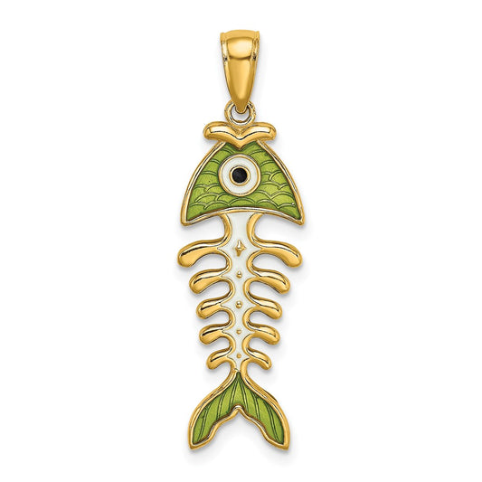 Million Charms 14K Yellow Gold Themed Green Enamel Fish Bone Charm