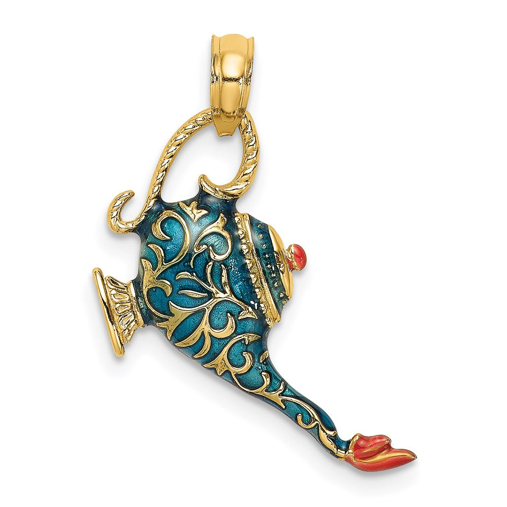 Million Charms 14K Yellow Gold Themed With Enamel 3-D Textured Blue Genie Lamp Charm