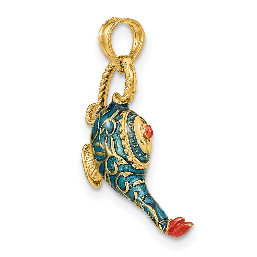 Million Charms 14K Yellow Gold Themed With Enamel 3-D Textured Blue Genie Lamp Charm