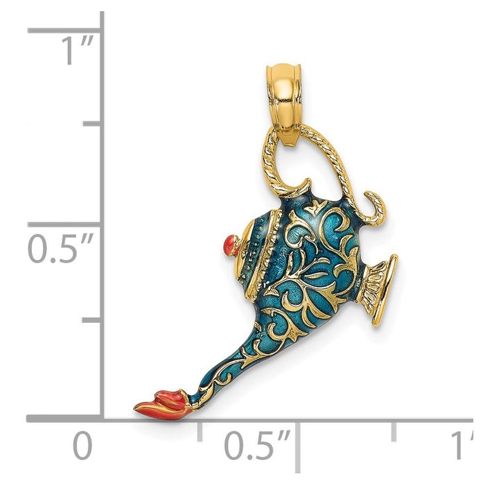 Million Charms 14K Yellow Gold Themed With Enamel 3-D Textured Blue Genie Lamp Charm