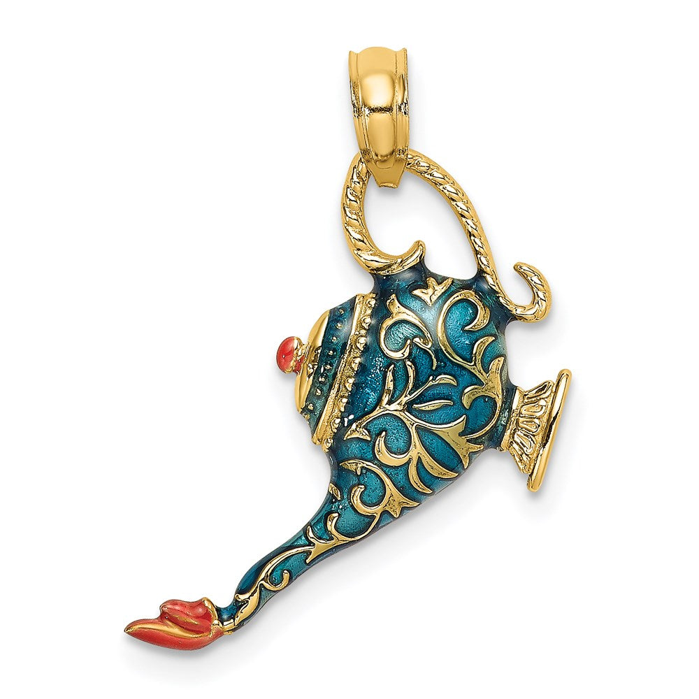 Million Charms 14K Yellow Gold Themed With Enamel 3-D Textured Blue Genie Lamp Charm