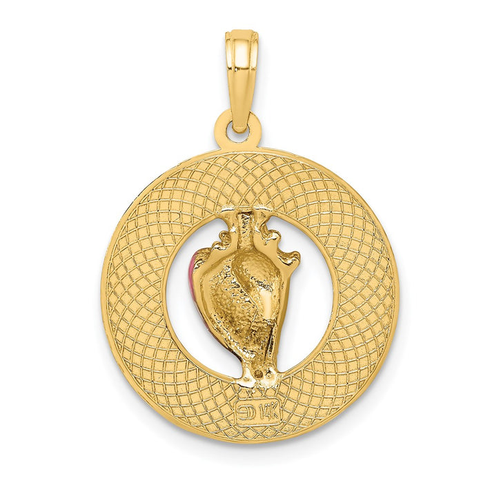 Million Charms 14K Yellow Gold Themed Enamel Conch Shell With Key West Round Frame Charm