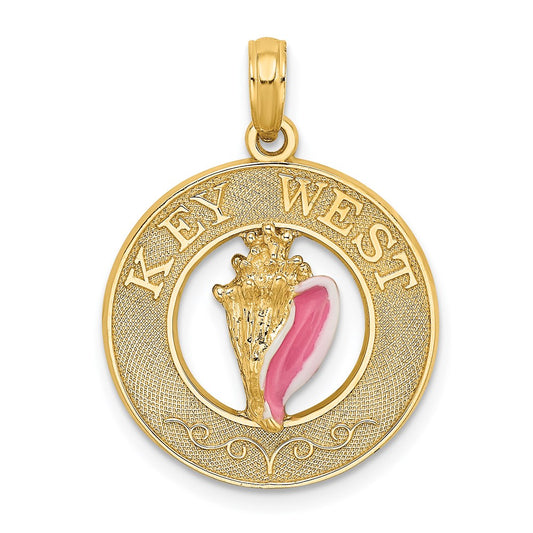Million Charms 14K Yellow Gold Themed Enamel Conch Shell With Key West Round Frame Charm