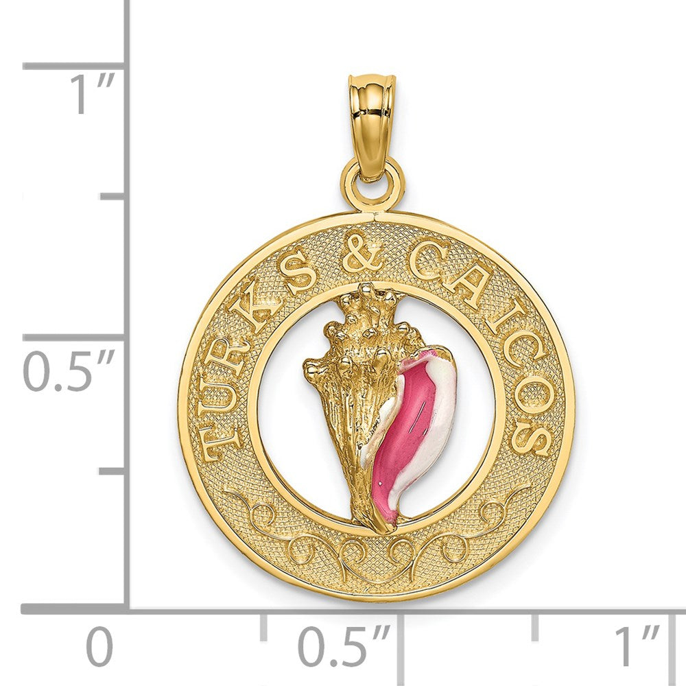 Million Charms 14K Yellow Gold Themed Turks & Caicos Round Frame With Enamel Conch Shell Charm