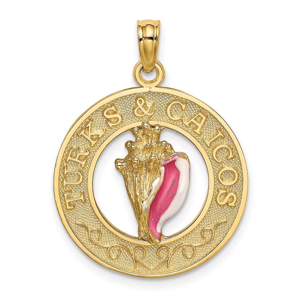 Million Charms 14K Yellow Gold Themed Turks & Caicos Round Frame With Enamel Conch Shell Charm