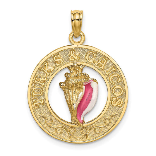 Million Charms 14K Yellow Gold Themed Turks & Caicos Round Frame With Enamel Conch Shell Charm