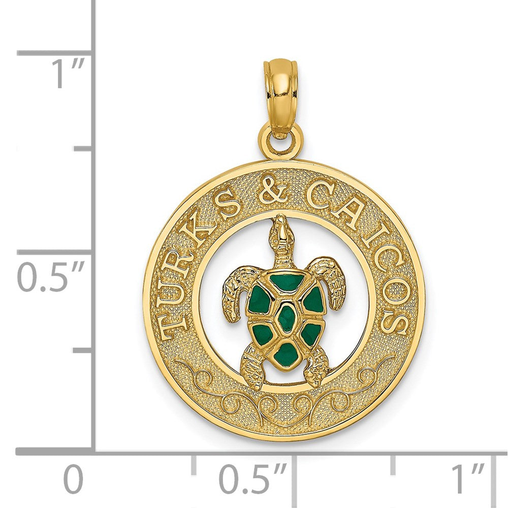 Million Charms 14K Yellow Gold Themed Turks & Caicos On Round Frame With Enamel Turtle Charm