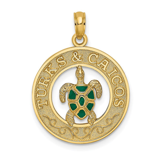 Million Charms 14K Yellow Gold Themed Turks & Caicos On Round Frame With Enamel Turtle Charm