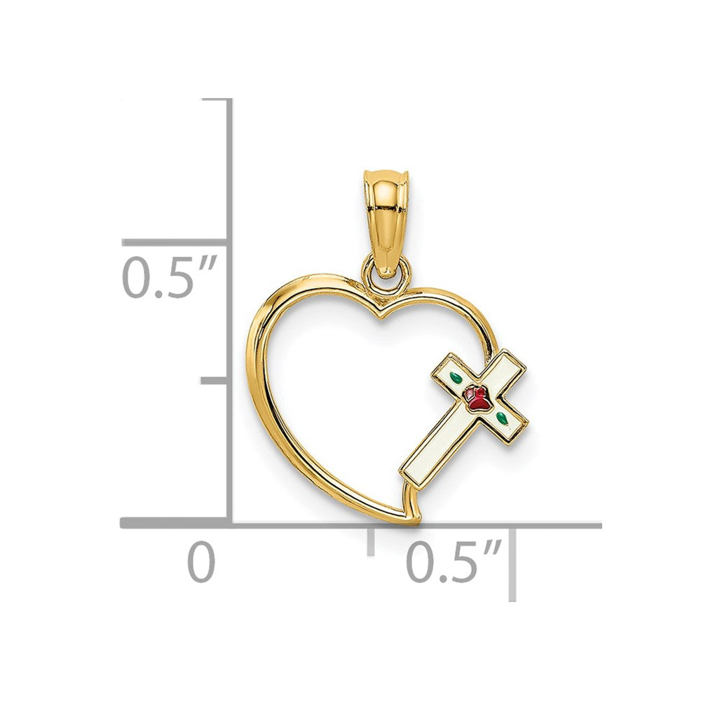 Million Charms 14K Yellow Gold Themed Enamel Relgious Cross & Heart Charm