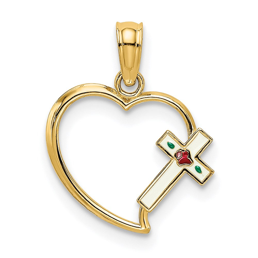 Million Charms 14K Yellow Gold Themed Enamel Relgious Cross & Heart Charm
