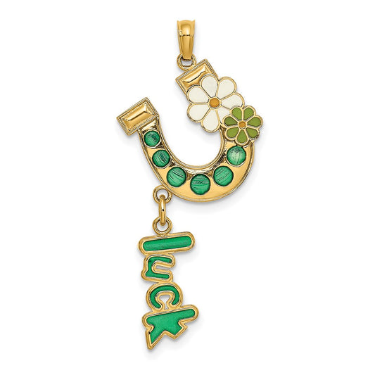 Million Charms 14K Yellow Gold Themed Enameled Horseshoe With Luck & Flowers Charm