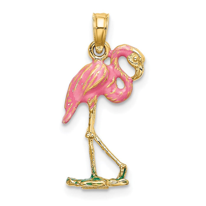 Million Charms 14K Yellow Gold Themed 3-D Pink Enamel Flamingo Charm