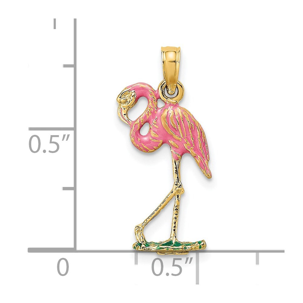 Million Charms 14K Yellow Gold Themed 3-D Pink Enamel Flamingo Charm