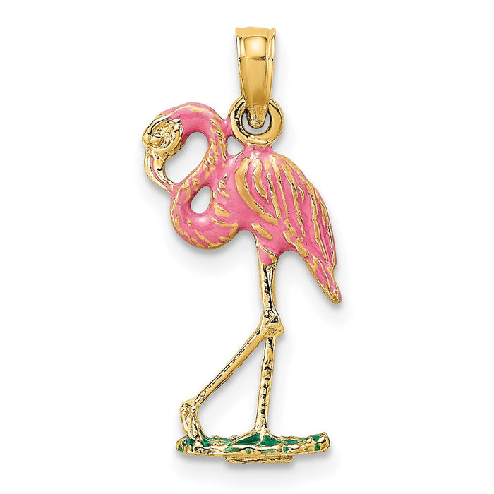 Million Charms 14K Yellow Gold Themed 3-D Pink Enamel Flamingo Charm