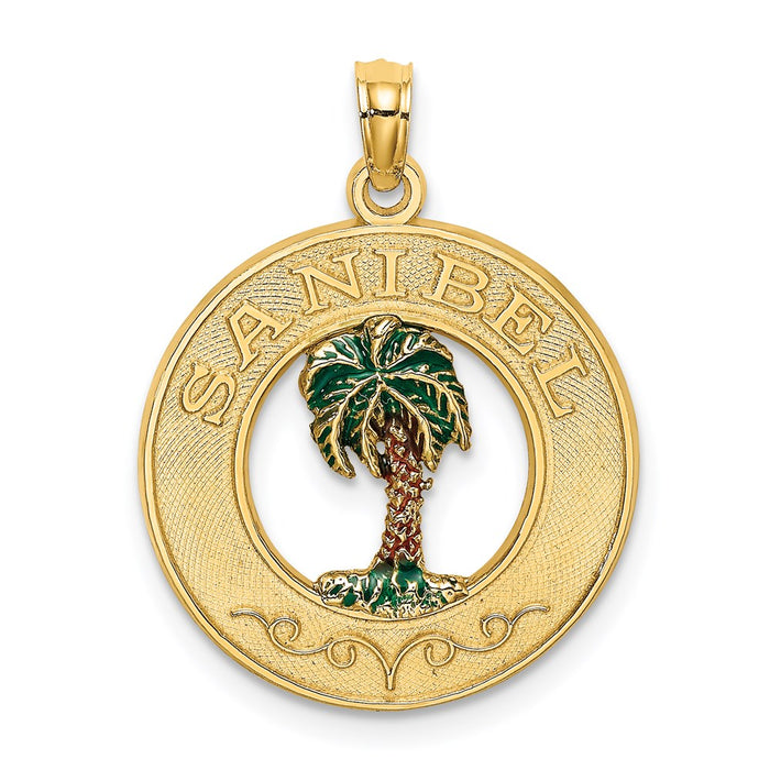 Million Charms 14K Yellow Gold Themed Sanibel On Round Frame With Enamel Palm Tree Charm