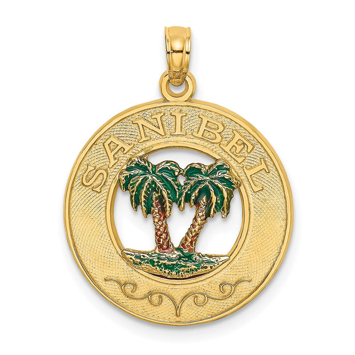 Million Charms 14K Yellow Gold Themed Sanibel Round Frame With Enameled Palm Tree Charm